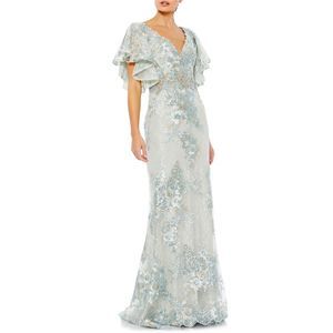 Mac Duggal Flutter Sleeve Embellished Lace Trumpet Gown, seafoam, Size 14 zCB3